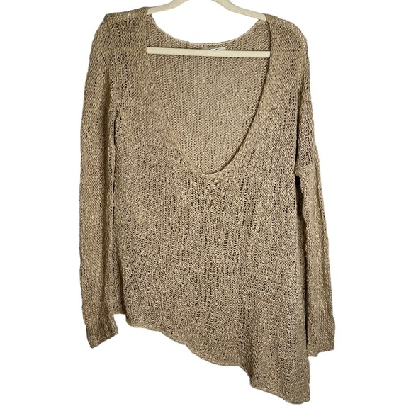 Aritzia Talula‎ Asymmetrical Open Knit Sweater Beige Tan V-Neck NOC2-3349-24 Lg - Picture 1 of 12